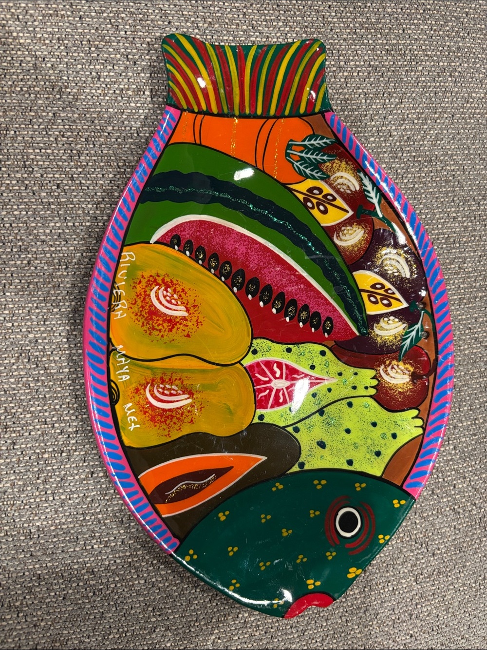 Hand-Painted Multicolor Decorative small serving plate - Fruit & Fish Design